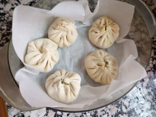 White pastries in a dish.